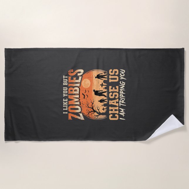 Funny Zombies Halloween Chase Us Design Beach Towel (Front)