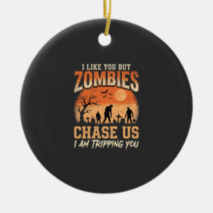 Funny Zombies Halloween Chase Us Design Ceramic Ornament