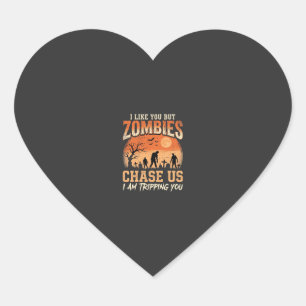 Funny Zombies Halloween Chase Us Design Heart Sticker