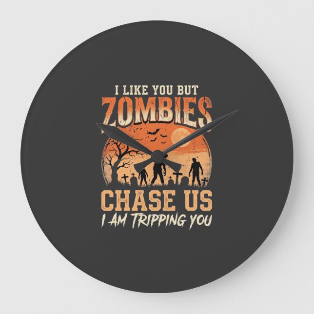 Funny Zombies Halloween Chase Us Design Large Clock (Front)