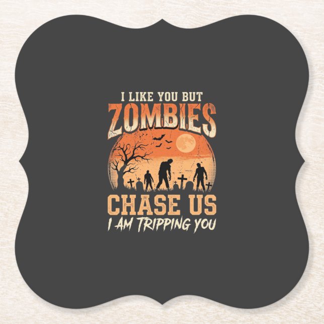 Funny Zombies Halloween Chase Us Design Paper Coaster (Front)