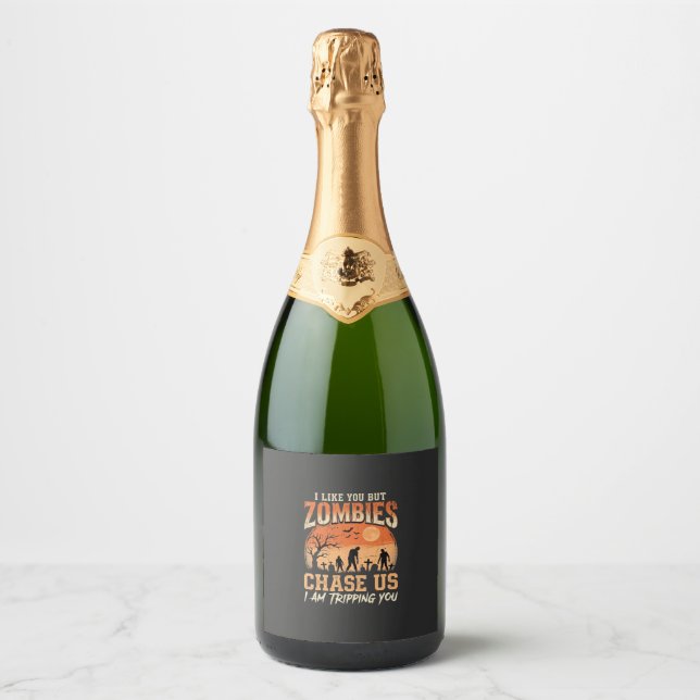 Funny Zombies Halloween Chase Us Design Sparkling Wine Label (Front)
