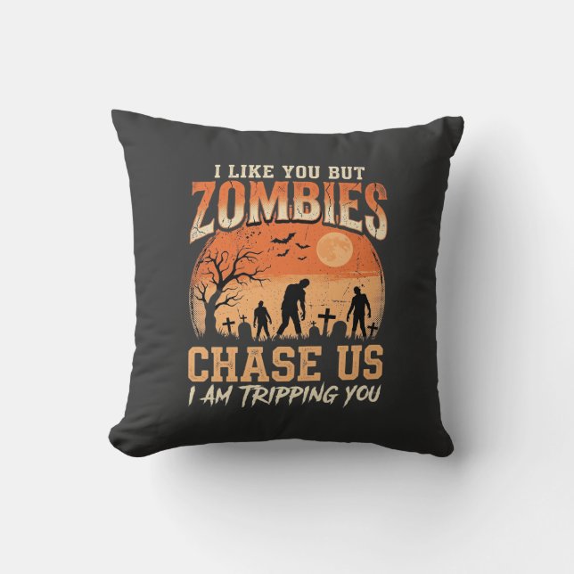 Funny Zombies Halloween Chase Us Design Throw Pillow (Front)