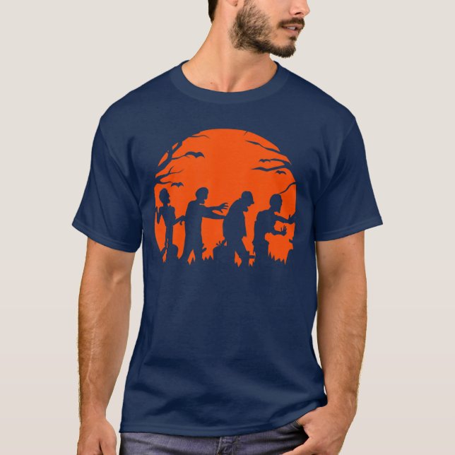 Funny Zombies walking Silhouettes Halloween Trick  T-Shirt (Front)