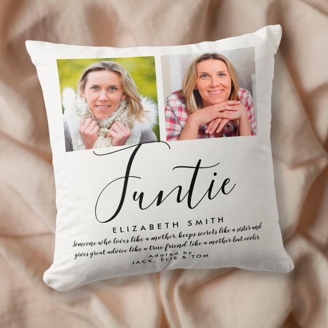 Funtie Fun Auntie Quote Elegant Script Photo Throw Pillow (Creator Uploaded)