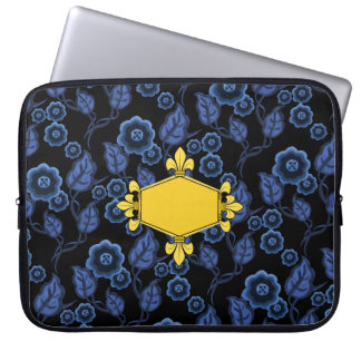 Fur de lis, gold, blue floral, Add initials/name Laptop Sleeve