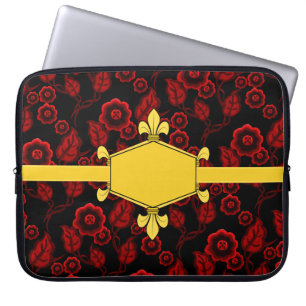 Fur de lis, gold, red floral, Add initials/name Laptop Sleeve