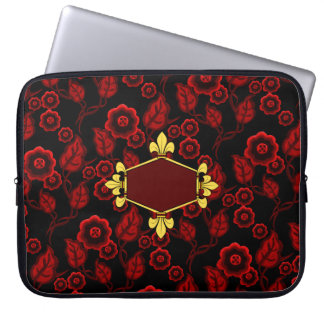 Fur de lis, gold, red floral, Add initials/name Laptop Sleeve