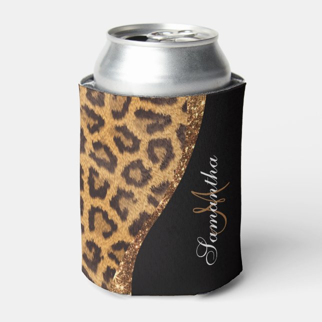 Fur Leopard Print and Glitter Can Cooler (Can Front)