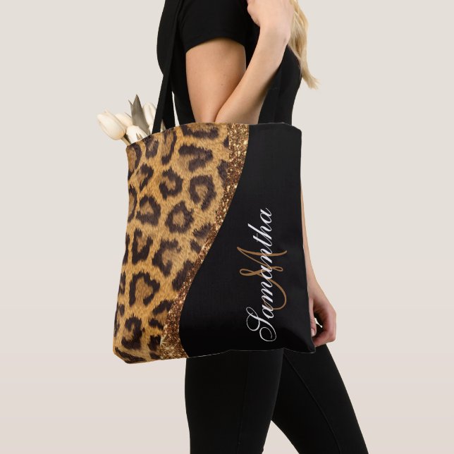Fur Leopard Print and Glitter Tote Bag (Close Up)