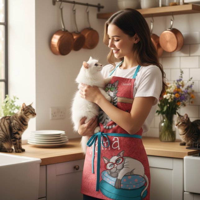 Fur Mama Funny Whimsical Cats Personalized Name Apron (Creator Uploaded)