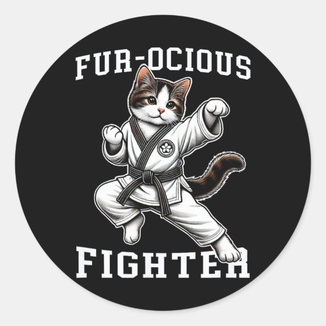 Fur-ocious Fighter Cat  Classic Round Sticker (Front)