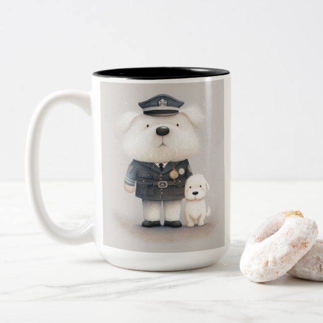 Fur-ociously brave...Poodle hero in blue Two-Tone Coffee Mug (With Donut)