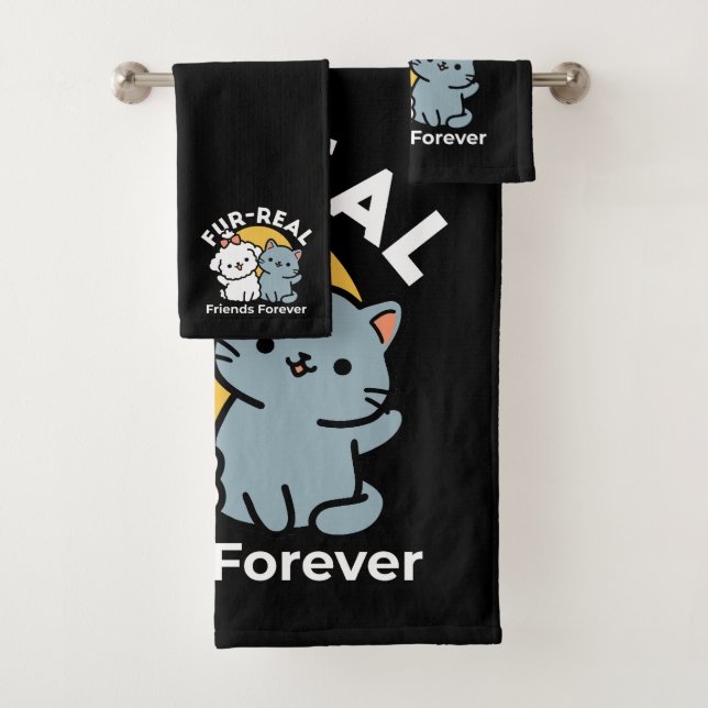 Fur-Real Friends Forever | Cute Cat & Dog Duo Bath Towel Set (Insitu)