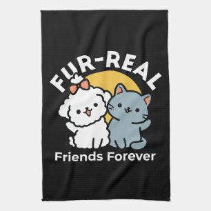 Fur-Real Friends Forever   Cute Cat & Dog Duo Kitchen Towel