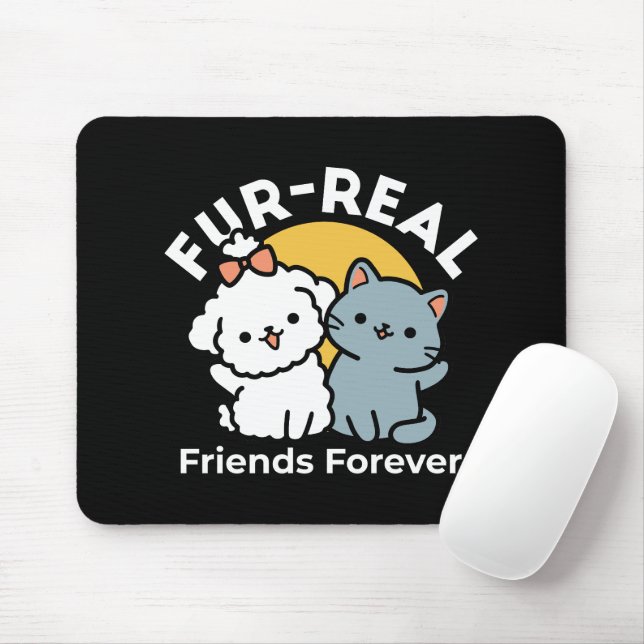 Fur-Real Friends Forever | Cute Cat & Dog Duo Mouse Pad (With Mouse)