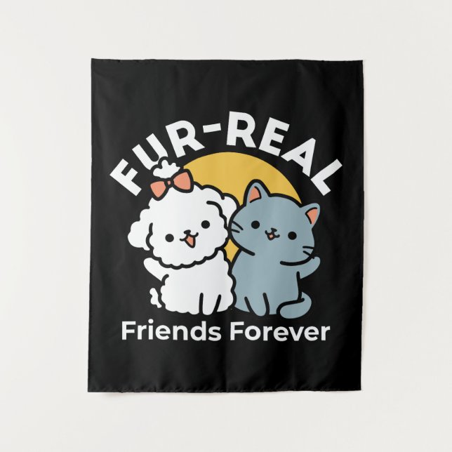Fur-Real Friends Forever | Cute Cat & Dog Duo Tapestry (Front)