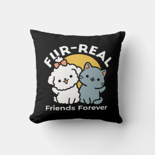 Fur-Real Friends Forever   Cute Cat & Dog Duo Throw Pillow