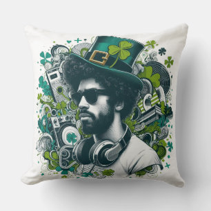 Furbabies Art – St. Patrick’s DJ 🎧☘️🐾 Throw Pillow