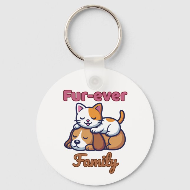 Furever Family Heartwarming Cat & Dog Illustration Keychain (Front)