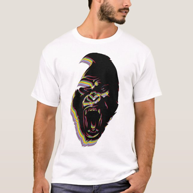 Furious Gorilla Head - Black With Colours Design T-Shirt (Front)