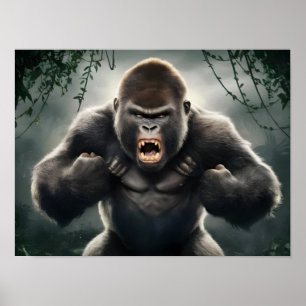 Furious Monkey Gorilla Roaring in Jungle Poster