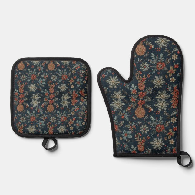 Furnace handles and Christmas-style cooking pots Oven Mitt & Pot Holder Set (Front)