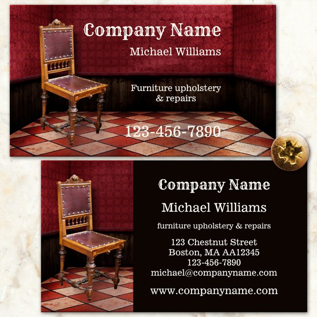 Furniture Repair and Upholstery Business Card (Professional furniture crafts and upholstery or repair business card featuring a vintage chair)