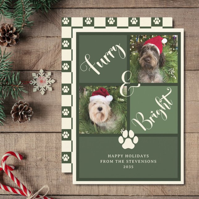 Furry And Bright Green Photo Collage Dog Holiday Card (Creator Uploaded)