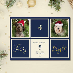 Furry And Bright Navy Blue Gold Foil Photo Dog Holiday Card