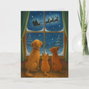 Furry Friends Looking at Santa Custom Christmas Card