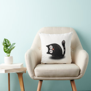 Furry funy black cat throw pillow
