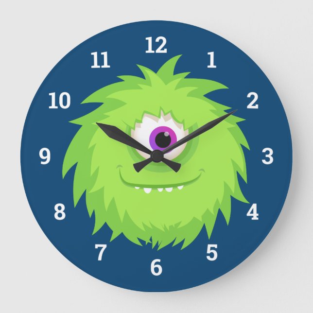 Furry Green Little Monster Large Clock (Front)