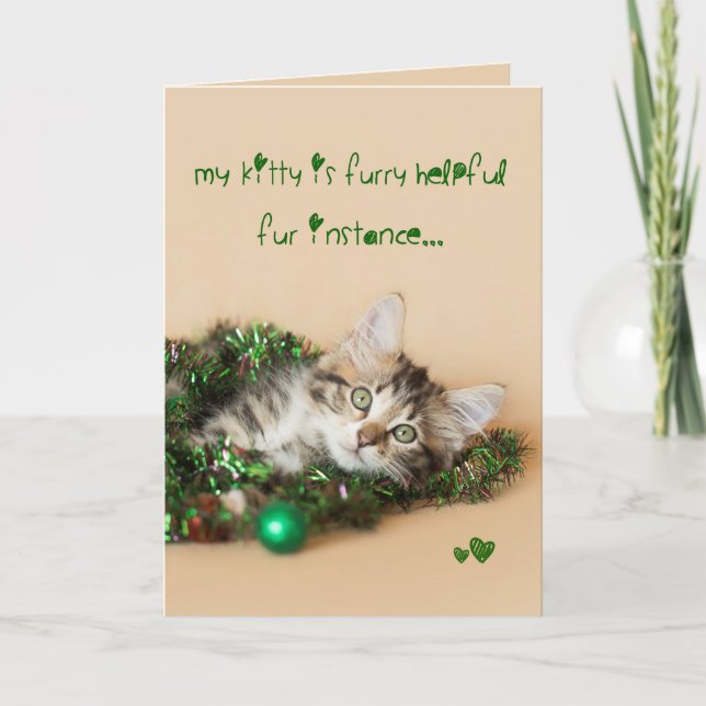 Furry helpful Christmas decorating kitten Holiday Card (Front)