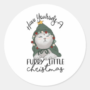 Furry Little Christmas Cute Cat Christmas Robe  Classic Round Sticker