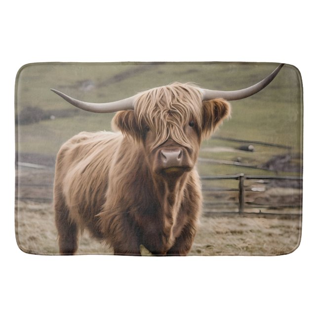 **"Furry Majesty: The Woolly Brown Highland Cow"** Bath Mat (Front)
