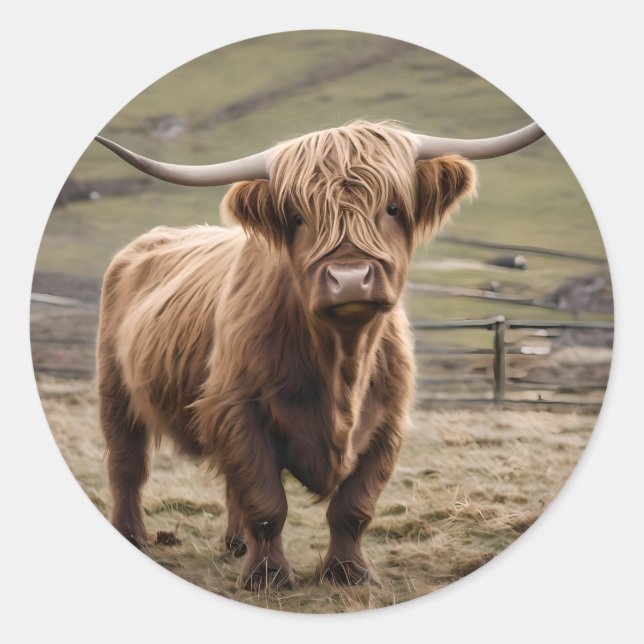 **"Furry Majesty: The Woolly Brown Highland Cow"** Classic Round Sticker (Front)