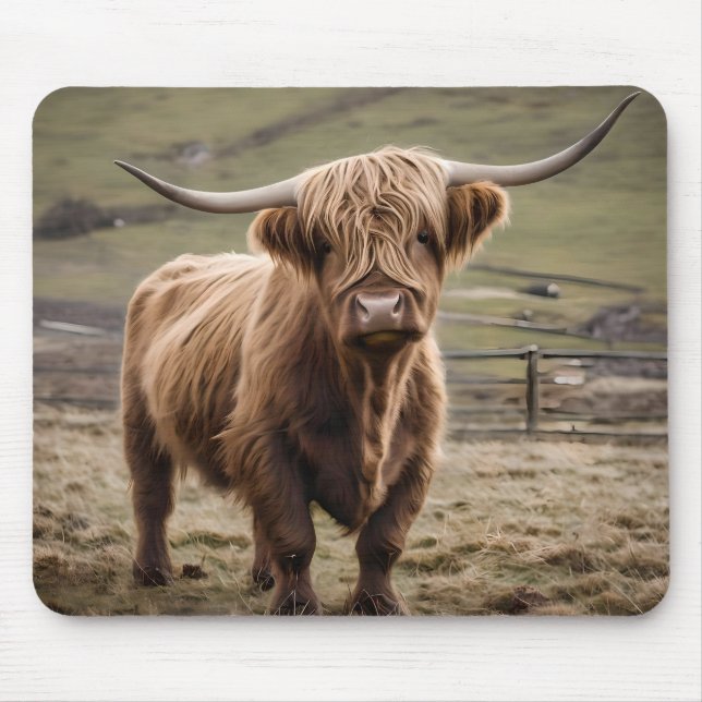 **"Furry Majesty: The Woolly Brown Highland Cow"** Mouse Pad (Front)