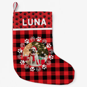 Furry paw dog lovers photo family rustic plaid red small christmas stocking