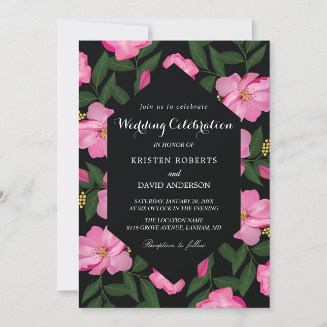 fuschia and black wedding invitations (Front)