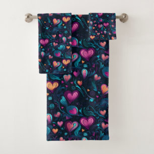 Fuschia Bright Orange Teal Hearts Watercolor  Bath Towel Set