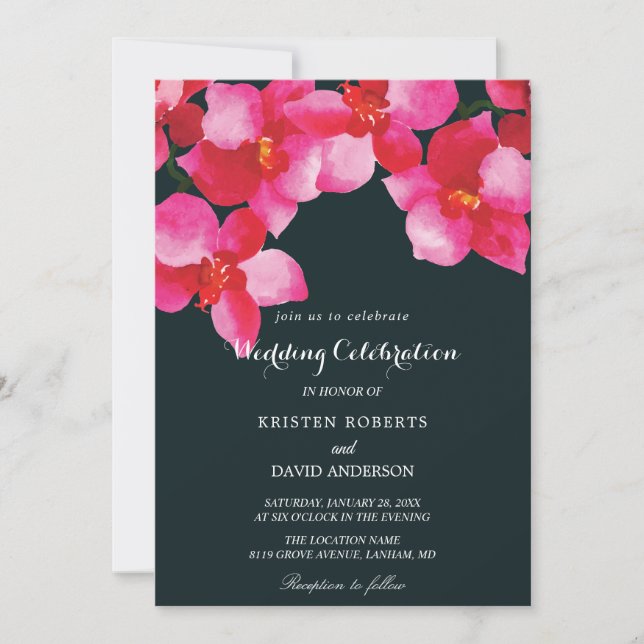 fuschia floral and black wedding invitations (Front)