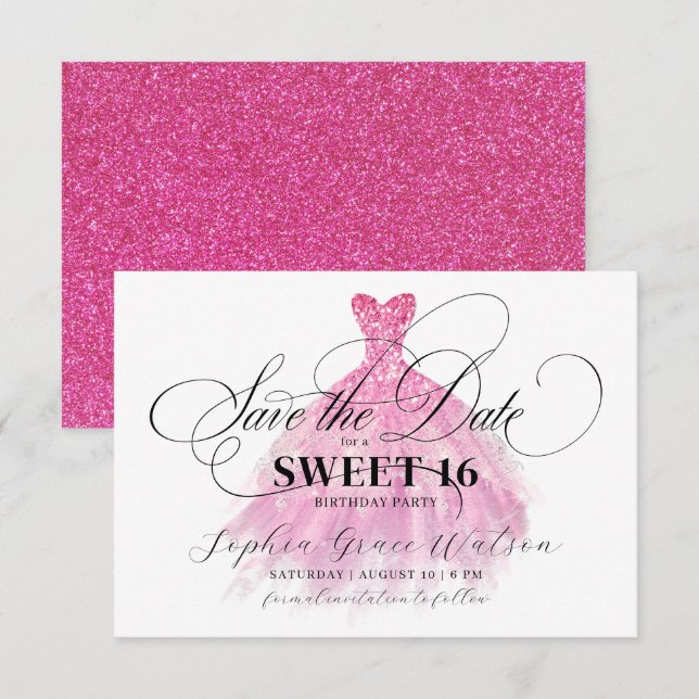 Fuschia Glitter Elegant Dress Sweet 16 Birthday Save The Date (Front/Back)