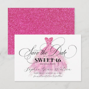 Fuschia Glitter Elegant Dress Sweet 16 Birthday Save The Date
