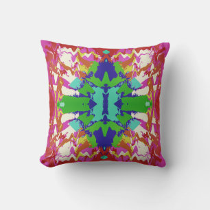 Fuschia Green Blue Gold White Fantasy Flower Motif Throw Pillow