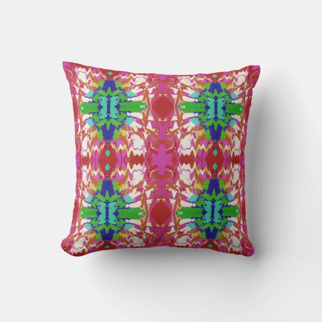 Fuschia Green Blue Gold White Floral Large Tiles Throw Pillow (Front)