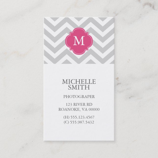 Fuschia & Grey Zigzags Pattern Monogram Business Card (Front)