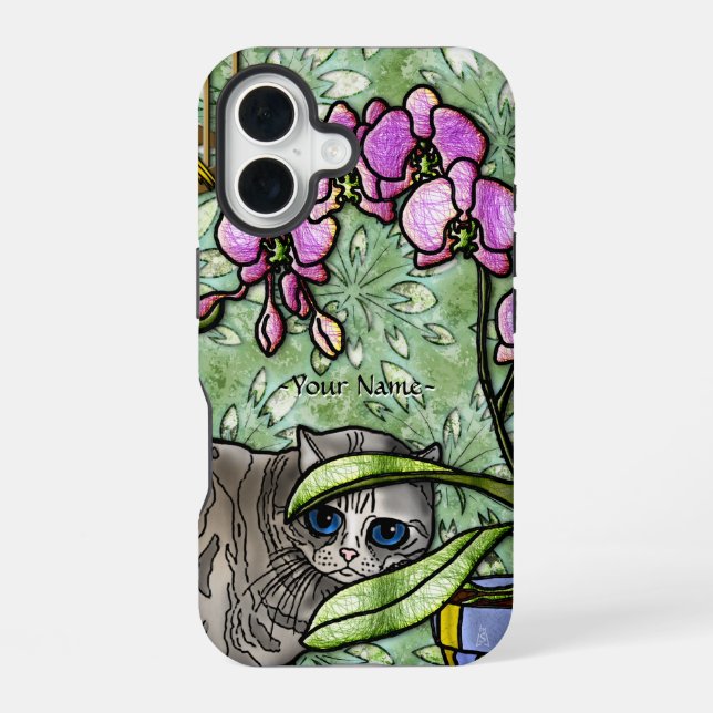 Fuschia & Kitty (Personalized) iPhone 16 Case (Back)