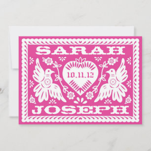 Fuschia Papel Picado Love Birds Wedding Invitation