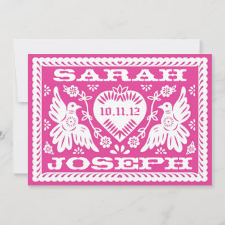 Fuschia Papel Picado Love Birds Wedding Invitation